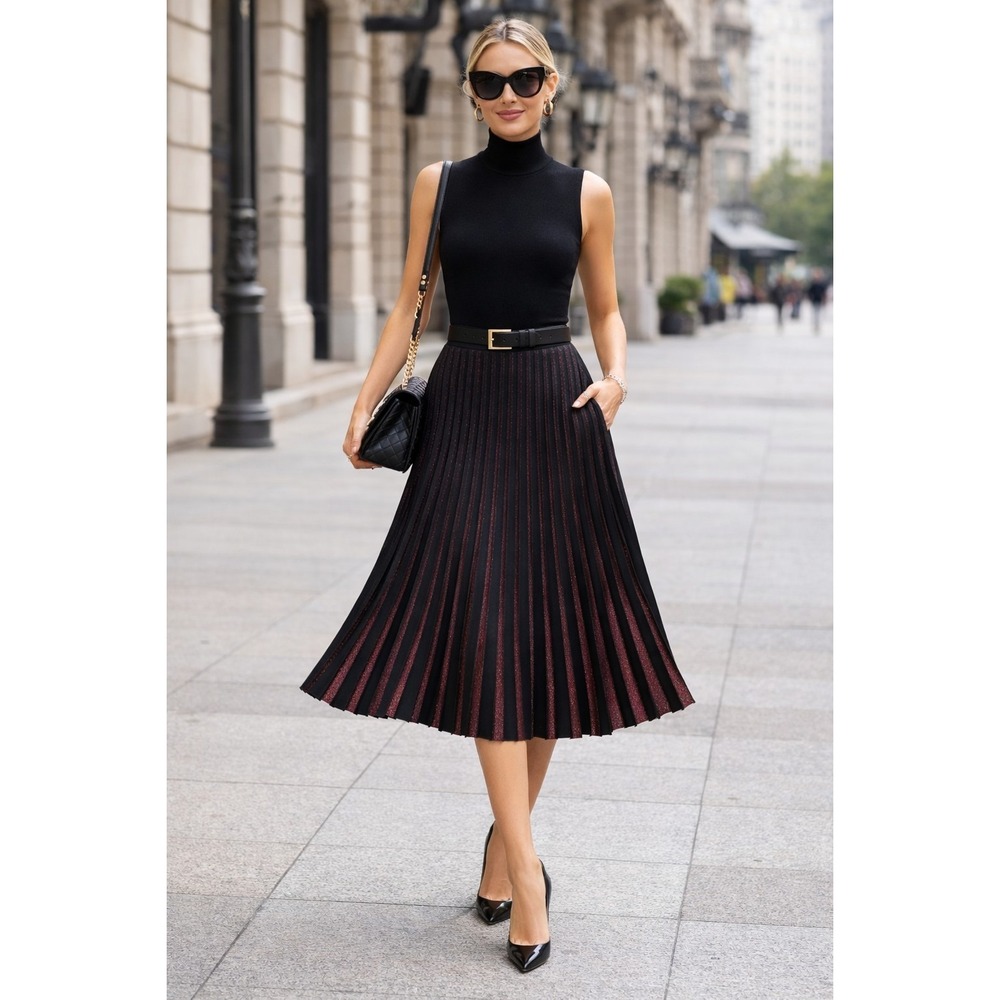 Marine Layer Black Knit Skirt Sz M Red Blue Metallic Pleating Midi Length Party